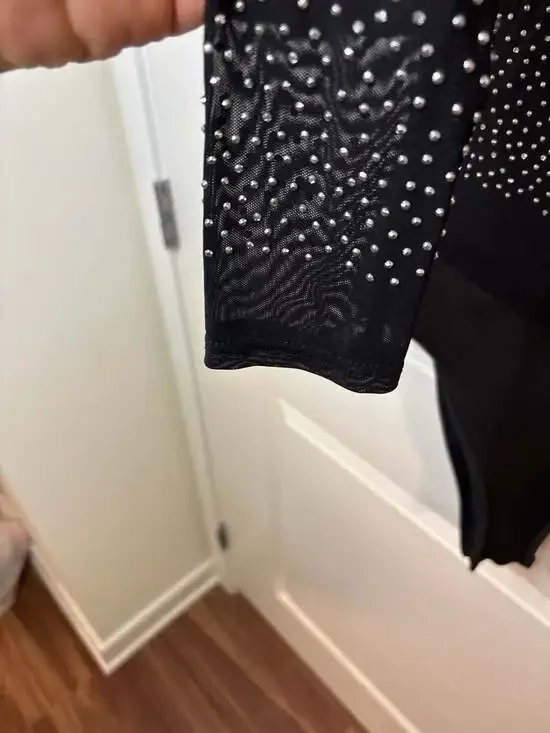 Talent Rhinestone Studded Mesh Long Sleeve Bodysuit in Black M/L - Picture 9 of 11